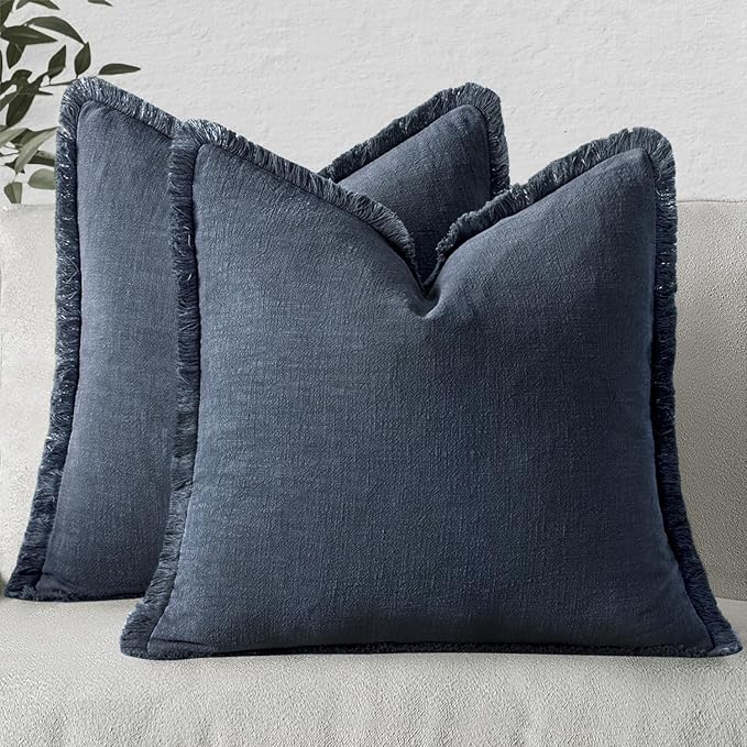 MIULEE Boho Linen Fringe Decorative Throw Pillow Covers Indigo Blue 20x20 | Set by MIULEE