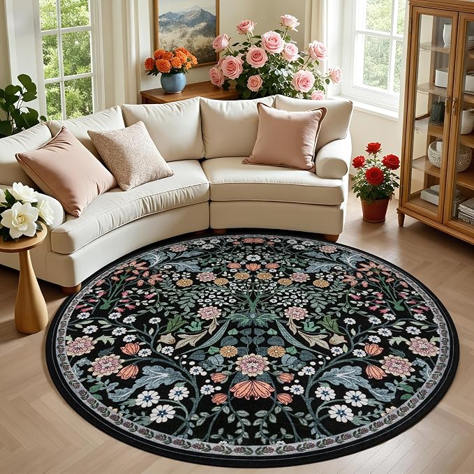 Round Area Rug for Living Room: 6 ft Floral Washable Circle Rug Soft Boho by PLHXFRSoftAreaRugs