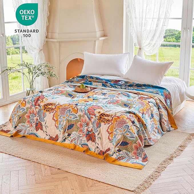 MSGKV Boho Throw Blanket 90"x90" Floral Cotton Blanket - Image 6
