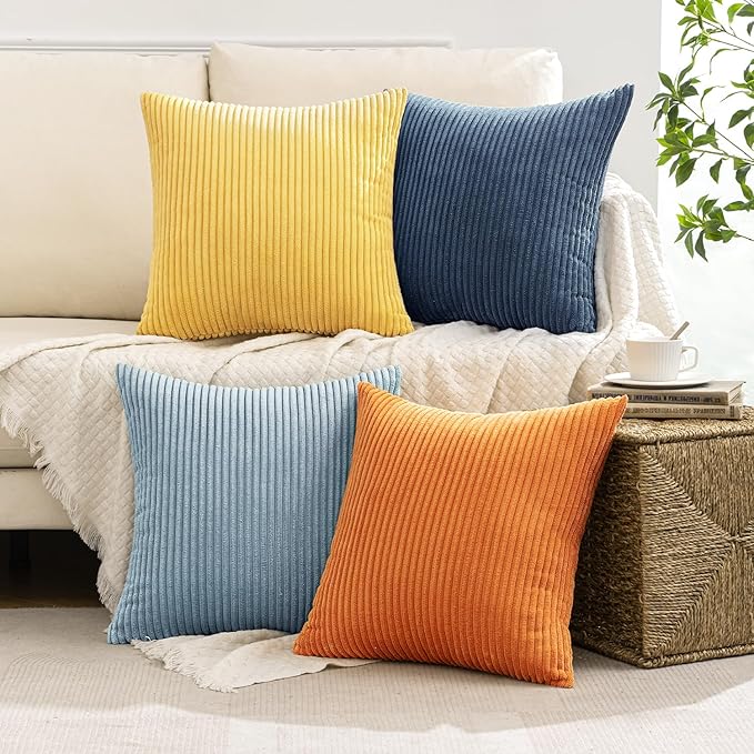 MIULEE Pack of 4 Blue-Orange Corduroy Decorative Throw Pillow Covers 18x18 Inch - Image 5