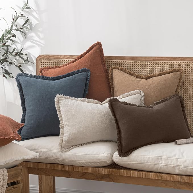MIULEE Boho Linen Fringe Decorative Fall Pillow Covers Reddish Brown 18x18 | - Image 7
