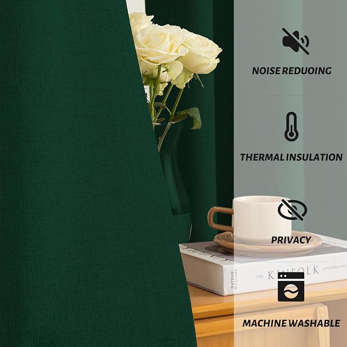 Yakamok Dark Green Linen Curtains 100% Blackout 84 Inches Long, Room Darkening - Image 5