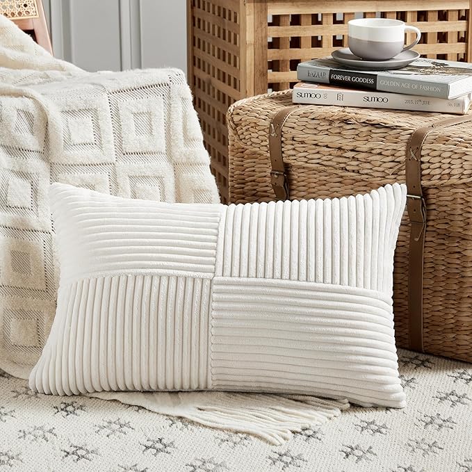Fancy Homi Set of 2 Cream White Lumbar Decorative Throw Pillow Covers 16x26 Inch - Image 2