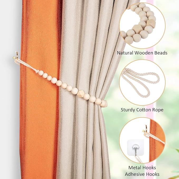 Wood Bead Curtain Tiebacks, KLOGTSIND Set of 4 Curtain Holdbacks - Image 4