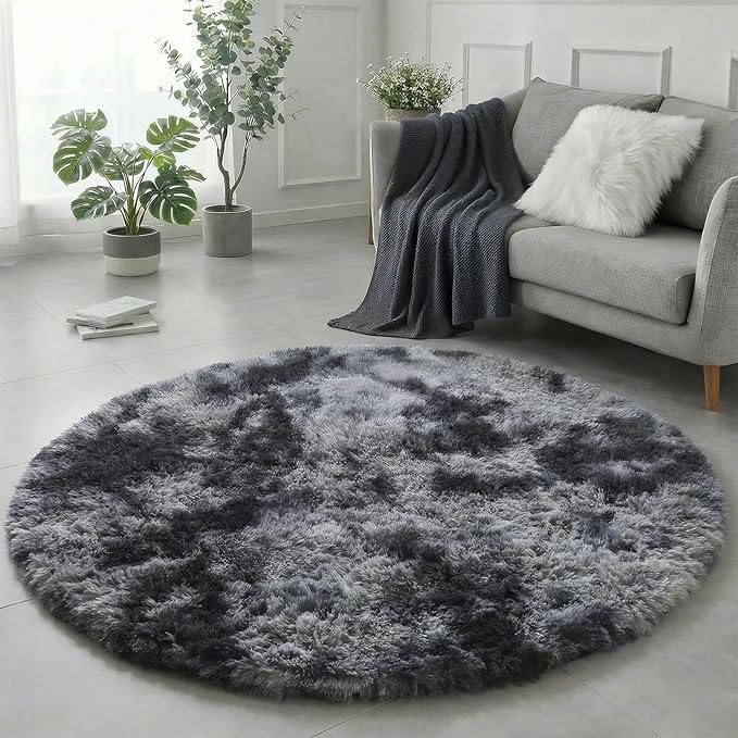 Amdrebio Tie-Dyed Dark Grey Round Rug 4Ft by Amdrebio