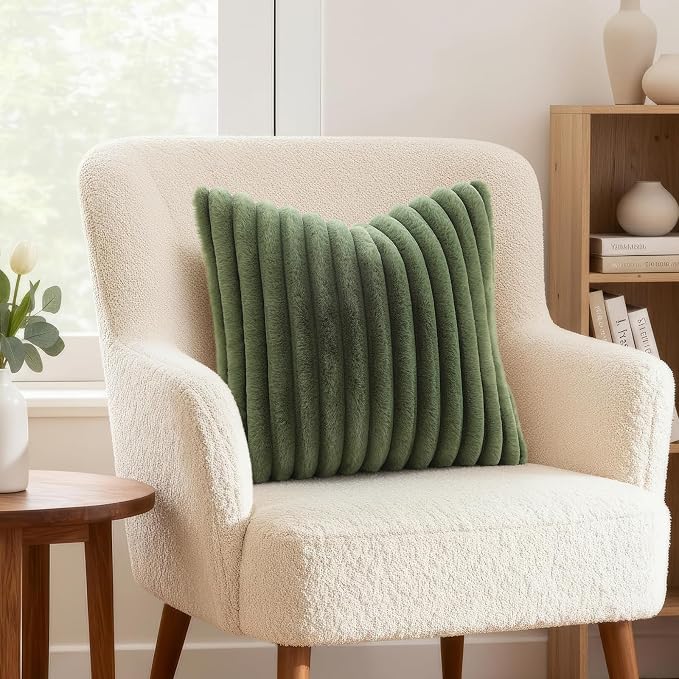 decorUhome Fall Faux Fur Throw Pillow Covers 22x22 Set of 2 Olive Green | - Image 2