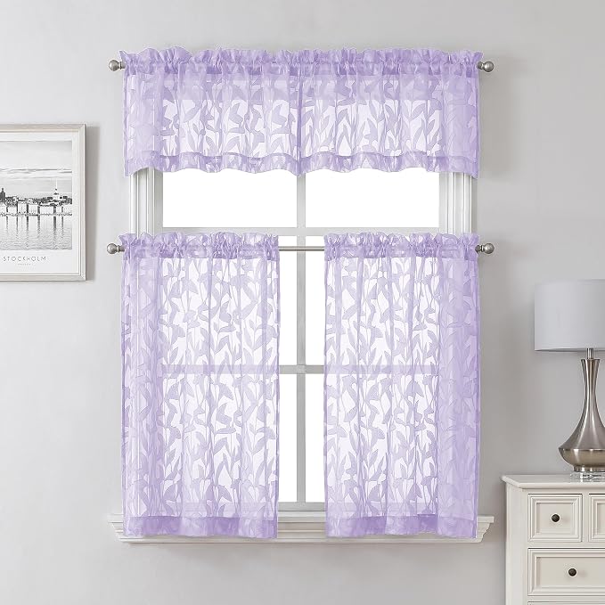 Lecloud Leia Light Purple Sheer Kitchen Curtains 24 Inch Length 2 Panels - Image 7