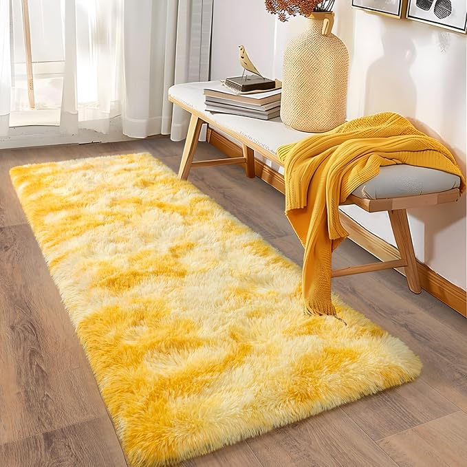 Soft Runner Rugs for Bedroom Hallways, 2x6 Tie-Dyed Yellow Fluffy Shag Throw - Image 6