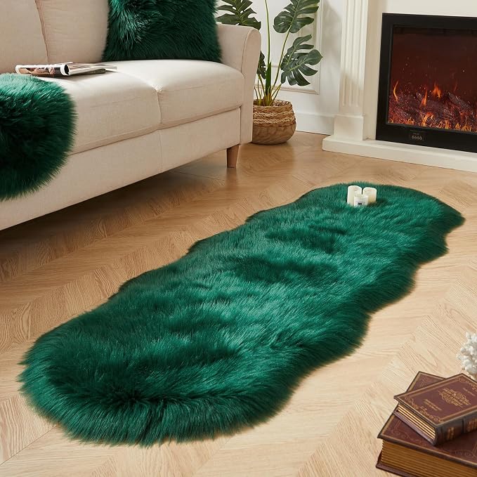 AMTOVO Faux Sheepskin Rug, Dark Green Ultra Soft Fluffy Shag Area Rug, 2 x 6 ft - Image 3