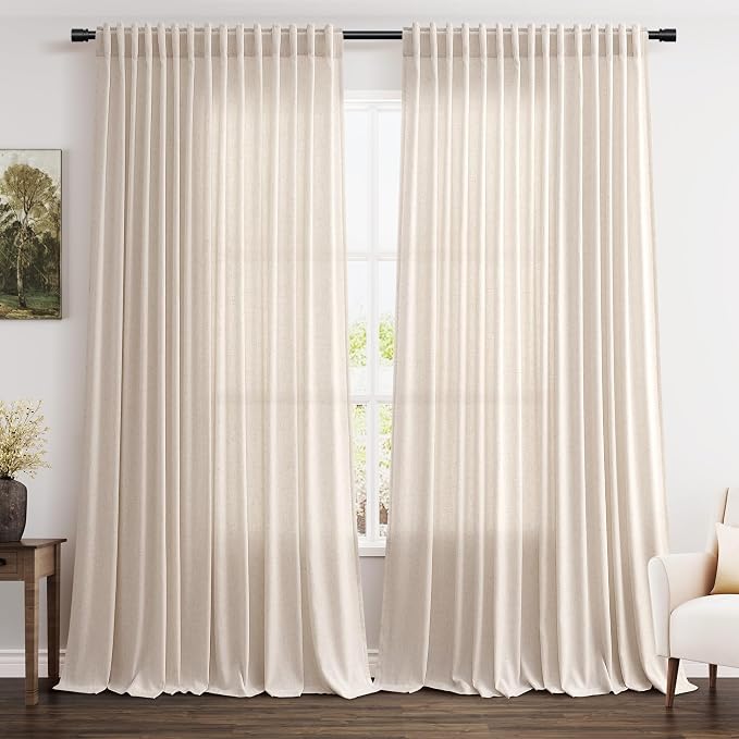 Beige Large Window Curtains Light Filtering Semi Sheer Privacy Linen Textured by Nanspring