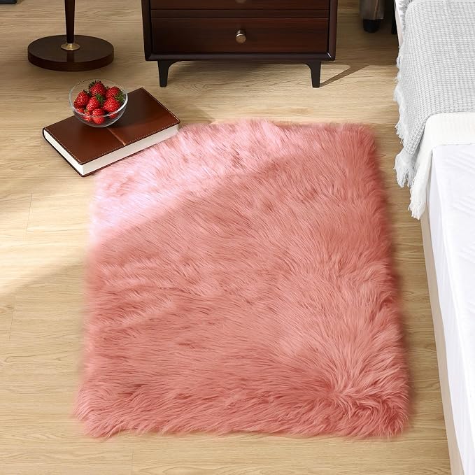 Goolela Pink Fluffy Fur Rug Fuzzy Furry Faux Sheepskin Pink Carpet 2x3 - Image 2