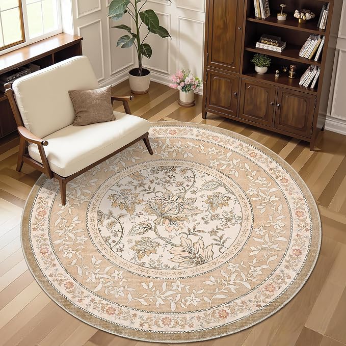 GarveeHome Pinkish Brown Botanical Grove 5ft Round Rug, Small Circle Vintage by GarveeHome