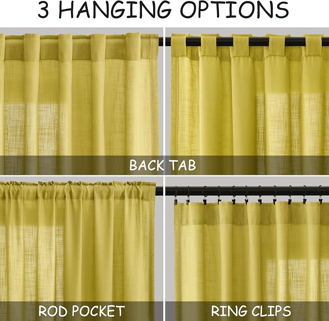 Celery Yellow Linen Curtains 102 Inches Long 2 Panel Set Back Tab Rod Pocket - Image 2