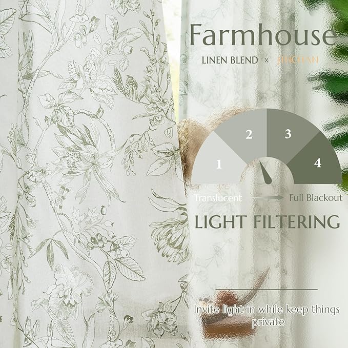 jinchan Floral Curtains 63 Inch Length Sage Green Flower Linen Farmhouse Curtain - Image 3