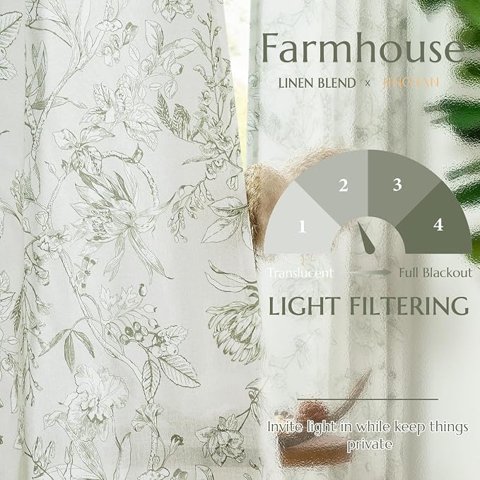 jinchan Floral Curtains 90 Inch Length Sage Green Flower Linen Farmhouse Curtain - Image 3
