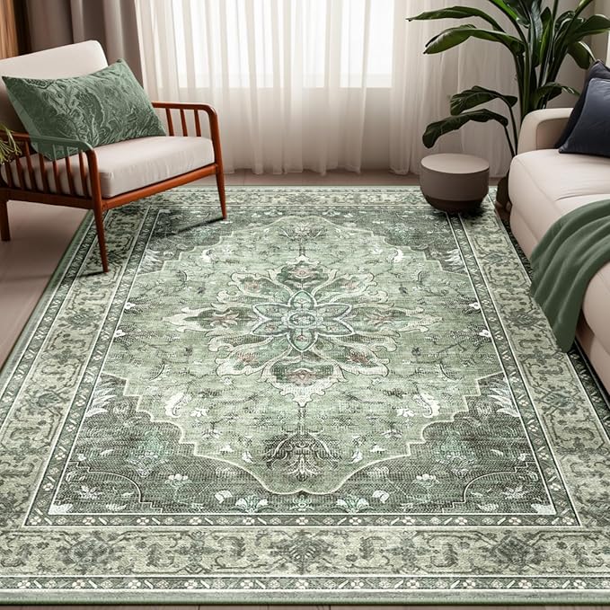 RELEANY Area Rugs 5'x7' Washable Non-Slip, Floral Vintage Distress Print by RELEANY