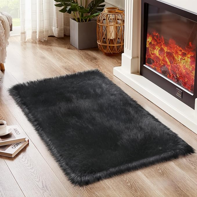 Ciicool Black Fur Fluffy Rug, 2x4 ft Small Faux Fur Rug - Image 6