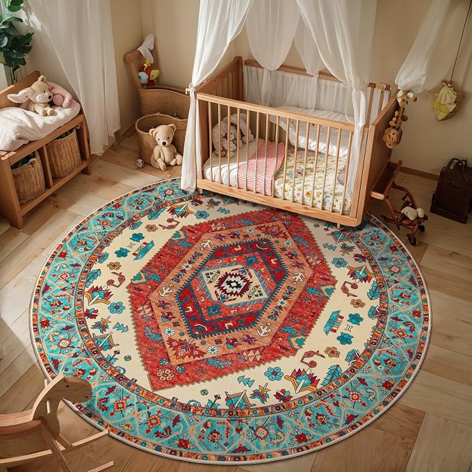 SERISSA Boho Round Area Rug, 4ft Washable Non-Slip Circle Rug, Ultra Soft - Image 2