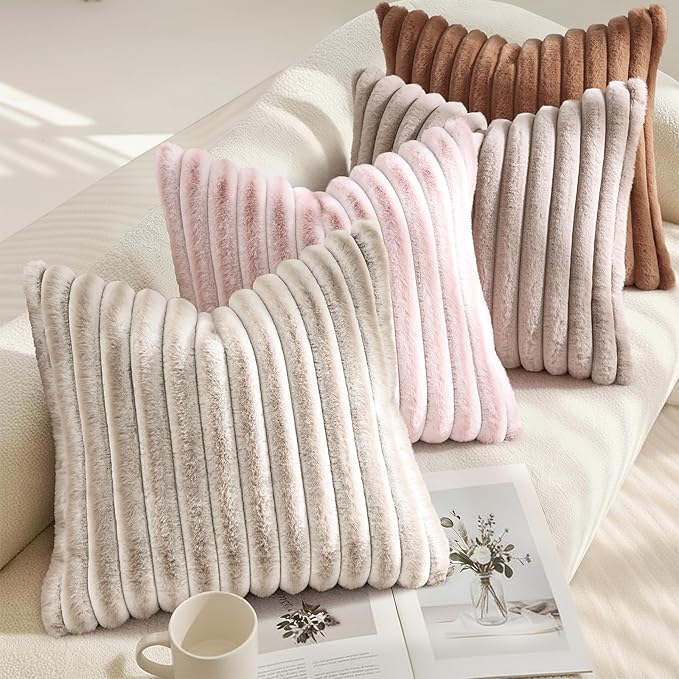 decorUhome Fall Faux Fur Throw Pillow Covers 16x16 Set of 2 Pink White | - Image 4