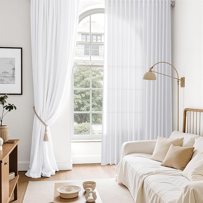Nanspring Snow White Linen Curtains 84 Inch Length 2 Panels Set - Image 6
