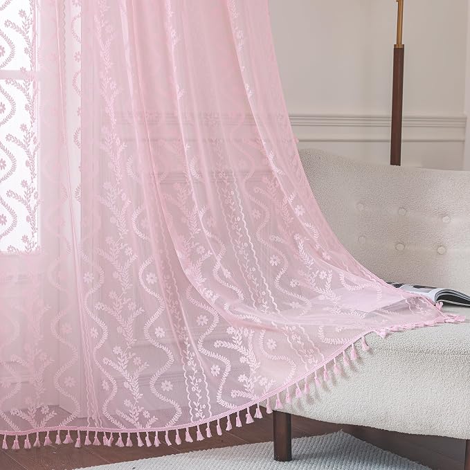 WAZZIO Boho Lace Curtains 63 Inch 2 Panels -Sheer Panel Drape Floral Pattern & by WAZZIO