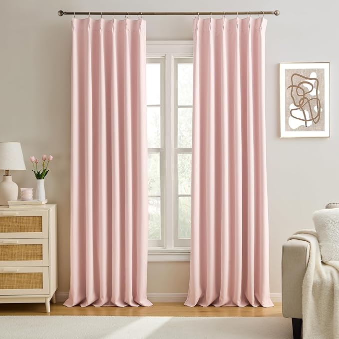Custom Pleated Curtains Fabric Baby Pink Color, Heat Blocking Window Treatment by KEQIAOSUOCAI