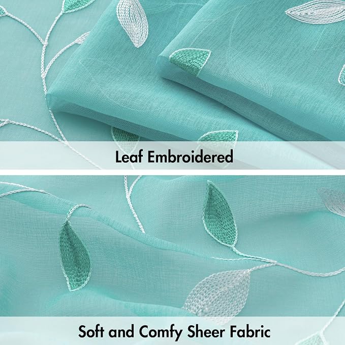 MIULEE Turquoise Sheer Curtains 2 Panels Embroidered Leaf Patterned Rod Pocket - Image 4