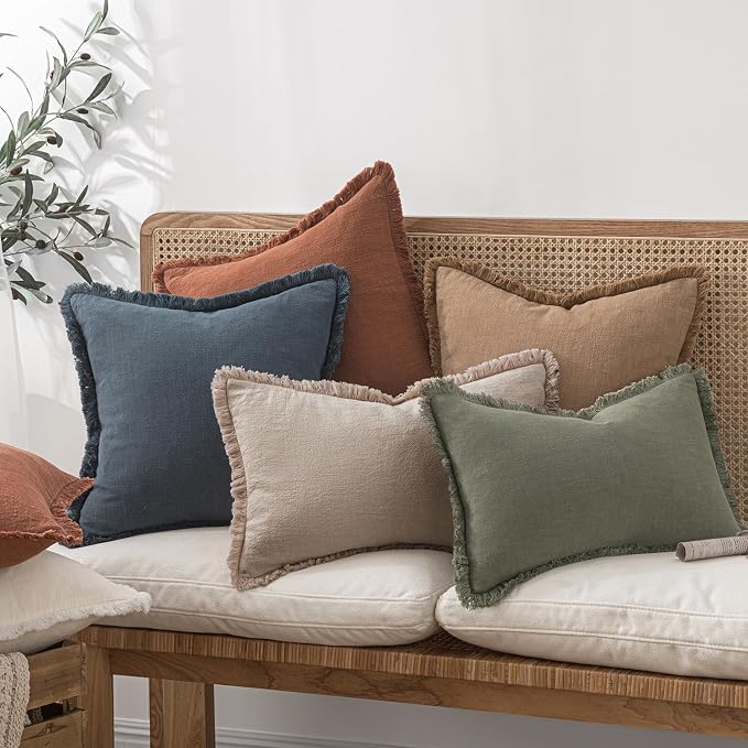MIULEE Boho Natural Linen Fringe Decorative Throw Pillow Covers 20x20 | Set of 2 - Image 6