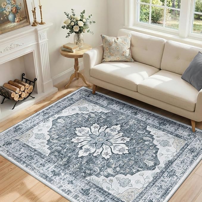 RELEANY Area Rugs 4'x6' Washable Non-Slip, Floral Vintage Distress Print by RELEANY