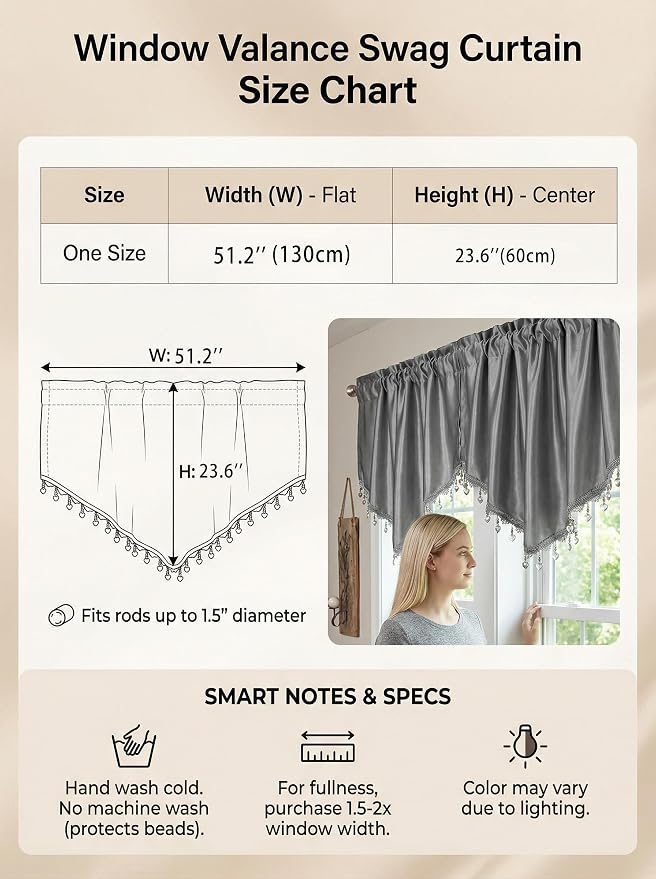 Molaxhome Swag Curtain 51 inch Length Rod Pocket Scalloped Curtain Valance - Image 4
