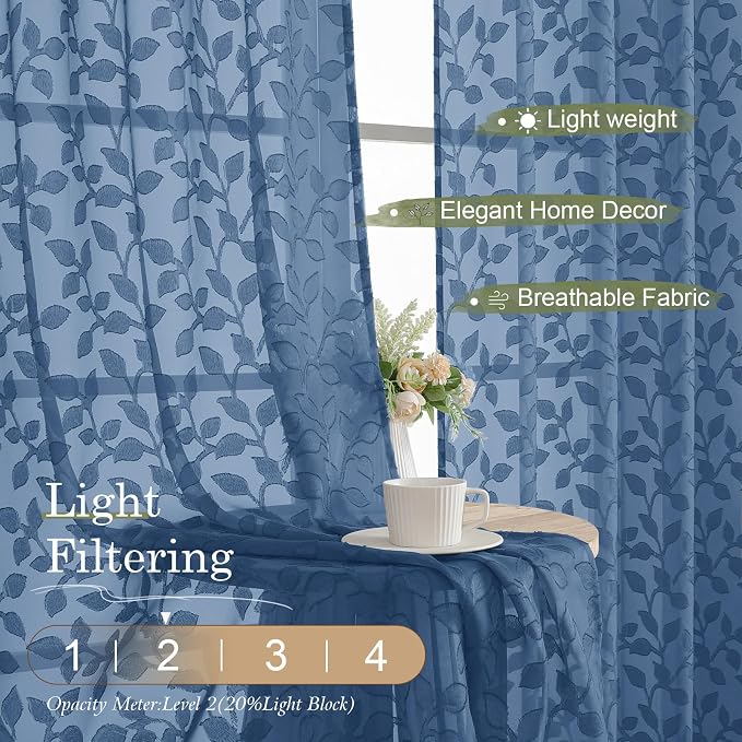 Chyhomenyc Dusty Blue Sheer Curtains 90 Inch Length 2 Panels Set, Light - Image 2