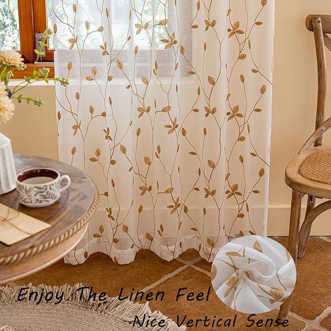 AmHoo 2 Panels Embroidered Leaf Pattern Semi Sheer Curtains Foliage Floral - Image 5