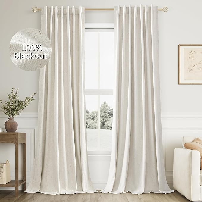 Guken Cream 100% Blackout Linen Curtains 96 Inch Length 2 Panels Set by Guken