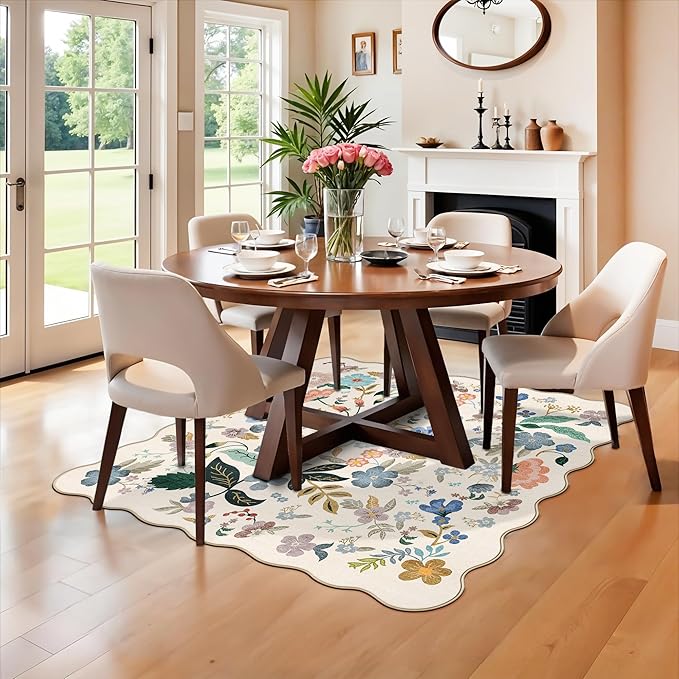 Floral Square Area Rugs for Family: Washable 5x5 Scalloped Carpet for Living - Image 4
