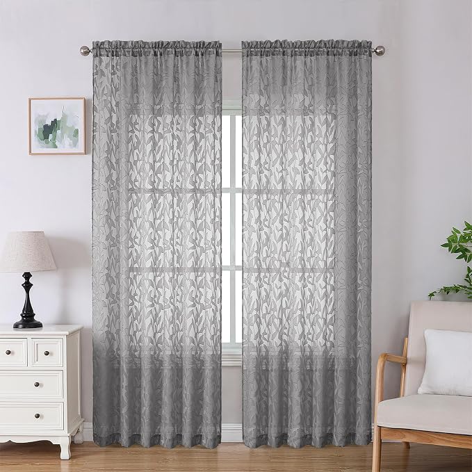 Lecloud Leia Charcoal Grey Sheer Curtains 90 Inches Long 2 Panels, Airy Leaf by Lecloud
