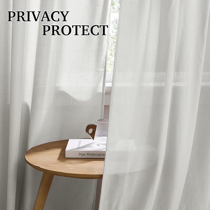 RYB HOME Grey Linen Sheer Curtains & Drapes, Back Tab 95 inches Easy Sliding - Image 3