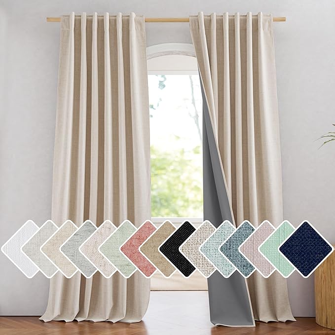 NICETOWN 100% Blackout Beige Linen Bedroom Curtains 95" Length - Image 2