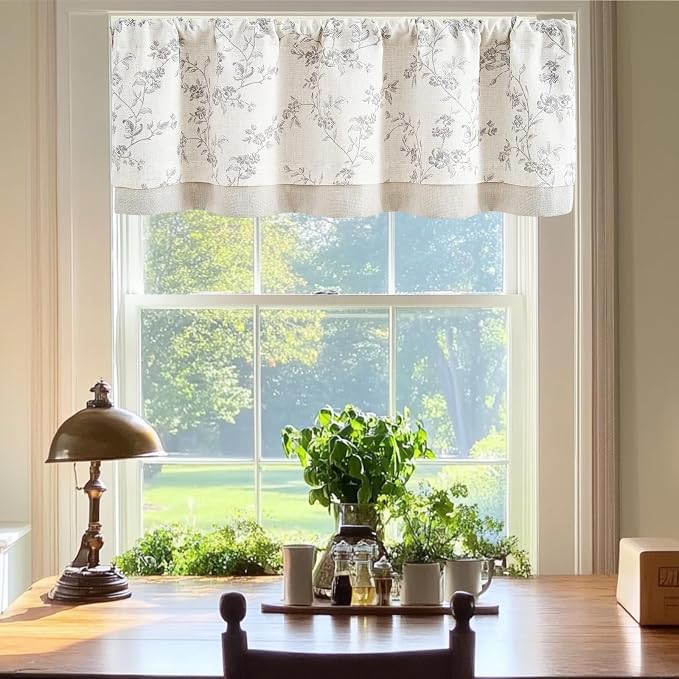 jinchan Linen Kitchen Valance for Windows 16 Inch Gray Floral Double Layer - Image 3