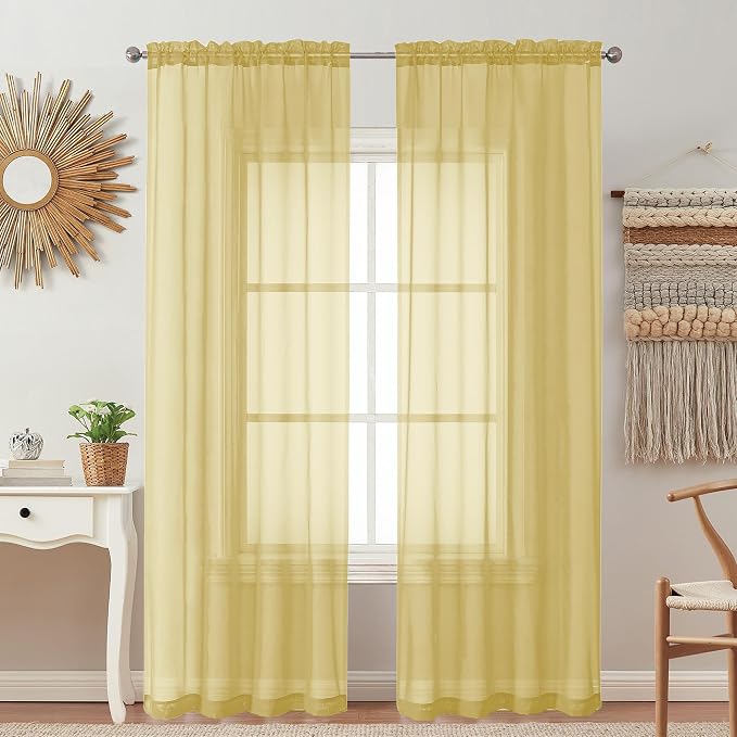 OVZME 2 Pack: Basic Mustard Yellow Sheer Curtain 84 Inches Long by OVZME