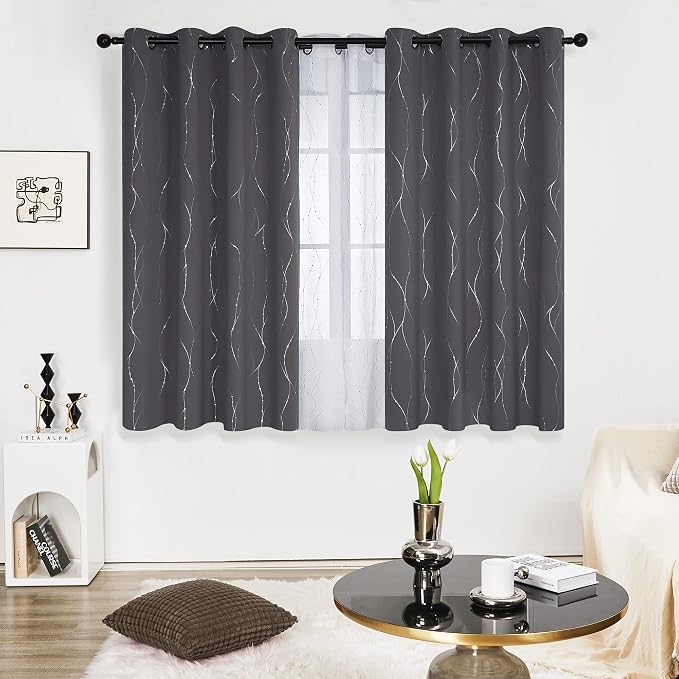 Deconovo Short Curtains Grey, Thermal Insulated Soundproof Drapes, Wave Dots - Image 2