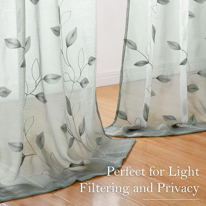 HOMEIDEAS Sage Green Sheer Curtains 52 X 96 Inches Long 2 Panels Embroidered - Image 7