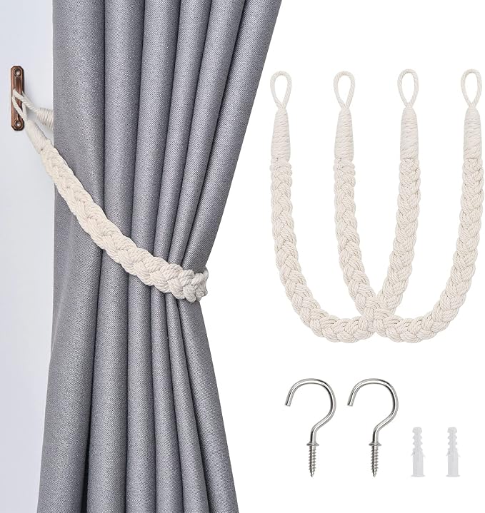 NICEEC 2 Pack Natural Cotton Rope Curtain Tiebacks Elegant Boho Style by NICEEC