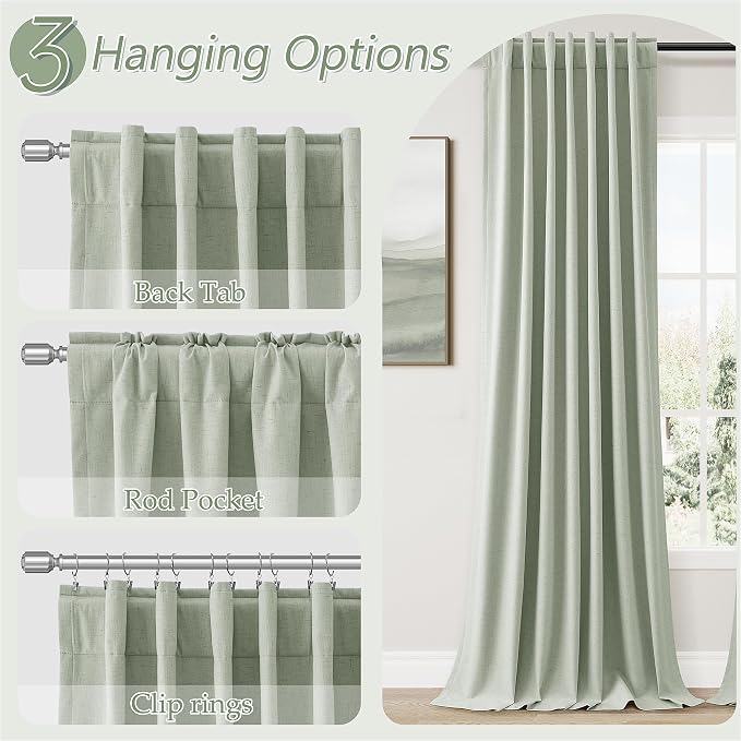 Guken Mist Sage 100% Blackout Linen Curtains 90 Inch Length 2 Panels Set - Image 6