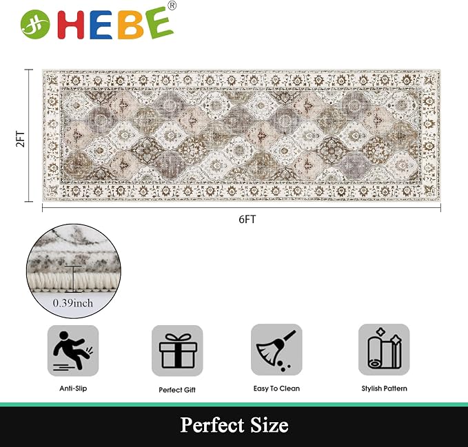 HEBE Hallway Runner Rug 2'x6' Washable Vintage Distressed Area Rugs Non Slip - Image 2