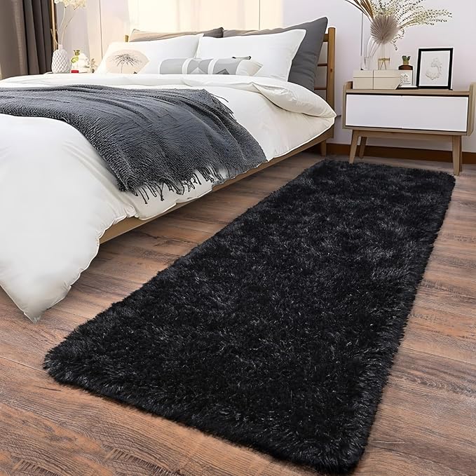 Soft Runner Rugs for Bedroom Hallways, 2x6 Black Fluffy Shag Throw Area Rug Non by Ailyei
