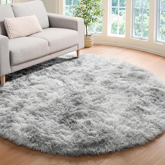 ONASAR Tie-Dyed Light Grey Round Area Rug 4ft, Ultra Soft Bedroom Circle Rugs by ONASAR