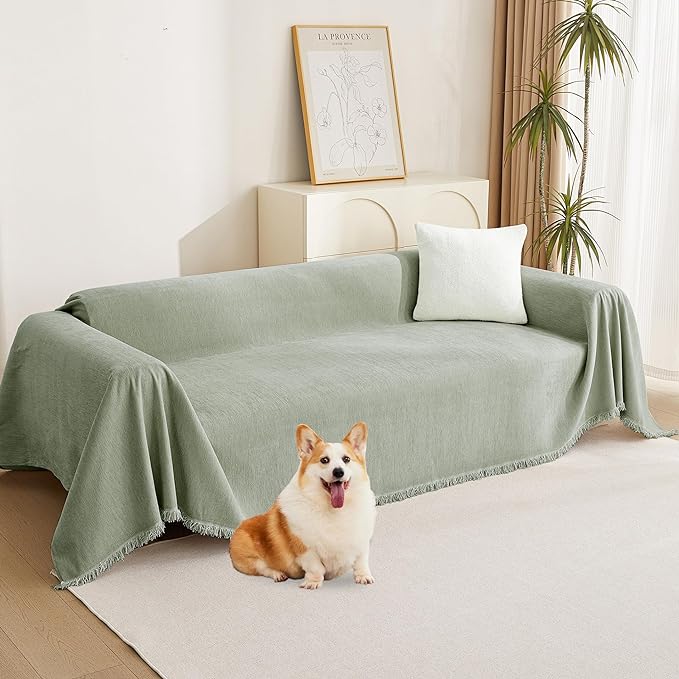 MYSKY HOME Green Sofa Covers Tassel Couch Cover by MYSKYHOME