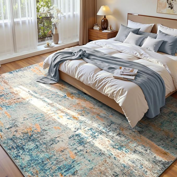 Ompaa Living Room Rug 6x9 Blue Area Rug Machine Washable Boho Rug Non Slip by OmpaaHomeDecor