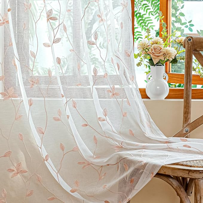 AmHoo 2 Panels Embroidered Leaf Pattern Semi Sheer Curtains Foliage Floral by AmHootextile