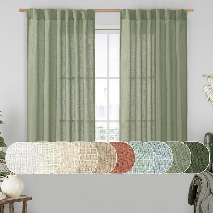 LAMIT Semi Sheer Linen Curtains 45 Inches Long 2 Panels, Sage Green Light by LAMIT